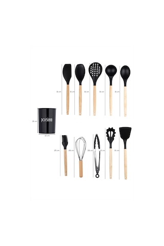Porsima 3165 Standlı Bambu Silikon 11 Parça Servis Takımı Seti Siyah