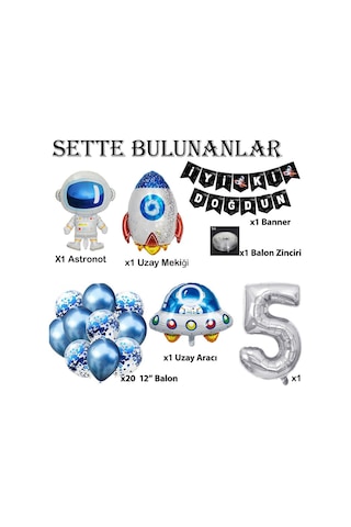 Uzay Konsepti 5 Yaş Doğum Günü Parti Kutlama Seti;  Astronot, Ufo Ve Uzay Gemisi Folyo Balon Set