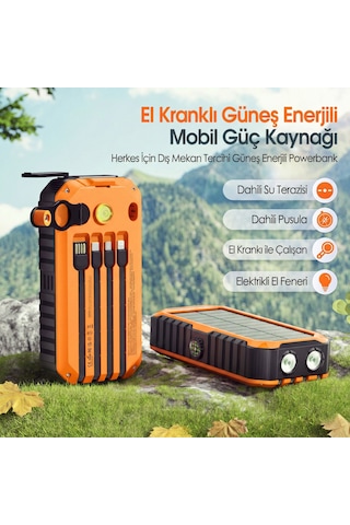 20000 Mah Solar Powerbank - El Kranklı, Dahili Kablolu Taşınabilir Su Geçirmez Powerbank Siyah - Turuncu