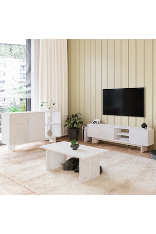 İnarch Dizayn Ravello Oturma Odası Set Modern Konsol, Tv Sehpası Ve Orta Sehpa Üçlü Takım Beyaz Mermer