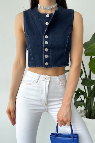 Femelle Kadın Denim Düğmeli Crop Kot Kolsuz Bluz Mavi