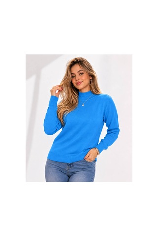 Hira Life Fashion Kadın Şık Tasarım Ve Yumuşak Dokulu Dik Yaka Triko Basic Kazak Bluz Mavi Mavi