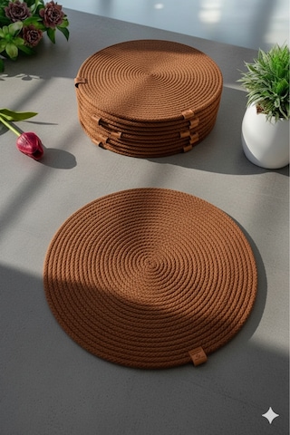 Amerikan Servis Runner 6 Lı Sunum Supla Çeyiz Takımı Örgü Tabak Altı Yanmaz Kahverengi