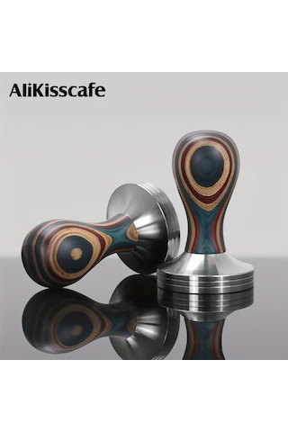 Motion003 58mm Kahve Dübeli Alıkısscafe Premium Kahve Dizgisi 304 Paslanmaz Çelik Çıkarılabilir Düz Taban Renkli Ahşap Sap Espresso Demleme Aracı Ahşap