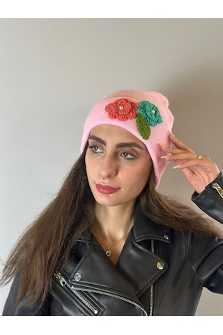 Gönülden Tasarım El Örgüsü Çiçek İşleme Kadın Bere Pembe