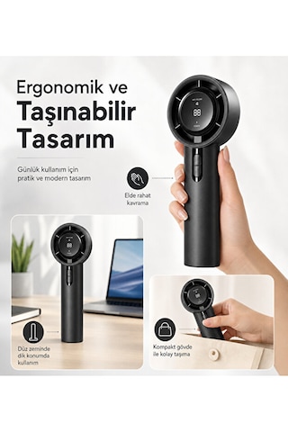 100 Kademeli Dijital Göstergeli Şarjlı El Fanı Taşınabilir Yüksek Hızlı Mini Vantilatör Siyah