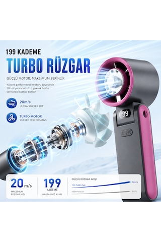 Y19s Taşınabilir Turbo Fan 199 Kademeli Şarjlı Mini Vantilatör Led Ekranlı Sessiz El Fanı