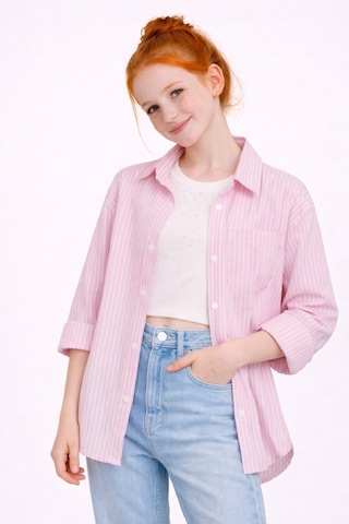 Ahengim Kız Çocuk Çizgili Taşı Crop Badili Gömlek Takım Ak2606 Pembe