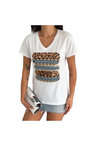 Cassime Kadın Leopar Desenli %100 Pamuk Beyaz V Yaka T-shirt