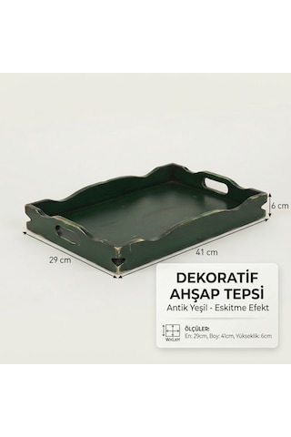 El Boyaması Eskitme Ahşap Dekoratif Tepsi - Antik Yeşil Kahve Sunum Tepsisi 29x41x6 Cm Koyu Yeşil