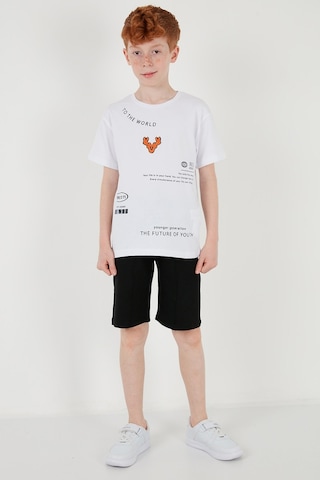 Lela Pamuklu Baskılı Bisiklet Yaka Kısa Kollu Şortlu Erkek Çocuk Takım 6212010 Beyaz