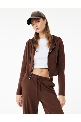 Koton Kapüşonlu Fermuarlı Uzun Kollu Modal Karışımlı Crop Sweatshirt Kahverengi 6wal10332ık Kahve