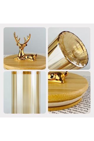 Morponi 3'lü Borosilikat Cam Geyik Figürlü Şık Çizgili Amber Cam Kavanoz Mutfak Seti 1000 Ml Şeffaf