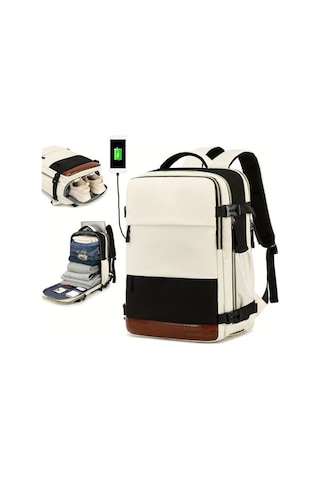 Createtech Usb Seyahat Çantası 15.6" Laptop Bölmeli, İş & Dağcılık Çantası, Bej Bej