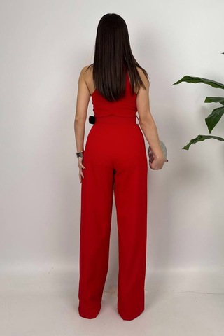 Amber Kadın Kemer Detaylı Askılı Bol Paça Kırmızı Tulum Rahat Şık Yazlık Kombin Kırmızı