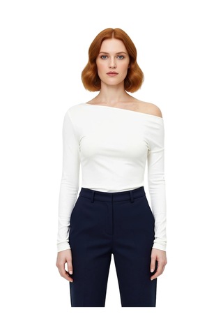 Ersefa Moda Kayık Yaka Örme Slim Çizgili Desen Casual Günlük Regular Uzu Ekru