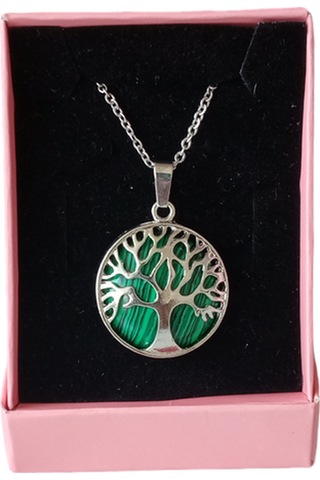 Malachıte Doğal Taşlı Hayat Ağacı Çelik Kolye - Kadın Yeşil