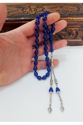 Gözyaşı Damla Model Çift Yedekli Mavi Ateş Kehribar Tesbih... Ölçü: 8x11 Mavi