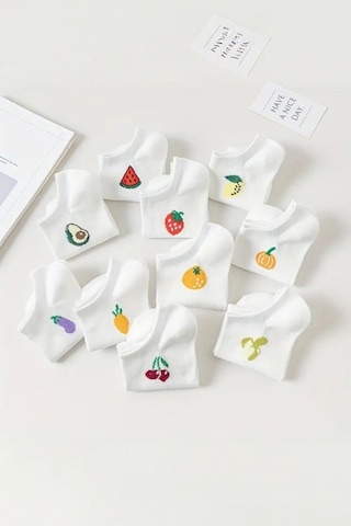 Kadın 10 Çift Premium Kalite Pamuklu Meyve Desenli Babet Çorap ASORTİ
