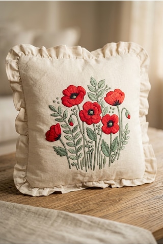 Fırfırlı Gelincik Desenli Dekoratif Kırlent Kılıfı %100 Pamuk Organik Boya Baskılı 45x45 Cm Bej
