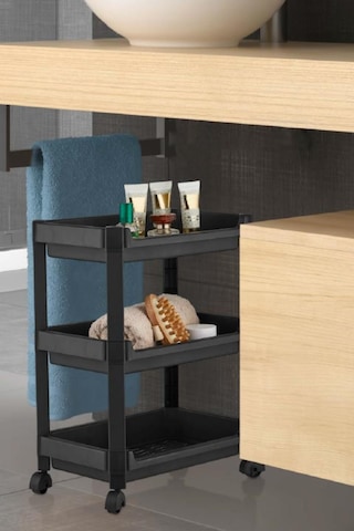 Flosoft 3 Katlı Tekerlekli Düzenleyici Raf, Mutfak Banyo Temizlik Katlı Organizer 22x36x48cm Siyah Siyah