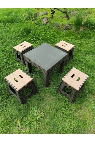 Evko Mobilya Kamp Seti, Piknik Seti, Masa Tabure Seti, Portatif Set, Plastik Katlanabilir Set, 4 + 1 Set Kahverengi