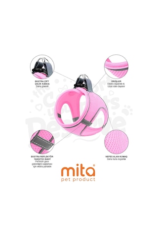 Mita Air Mesh Kedi Köpek Göğüs Tasması Çift Reflektörlü, Terletmeyen Açık Pembe