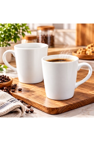2'li Beyaz Porselen Kupa Seti Geniş Ağızlı Modern Kulplu Çay Ve Kahve Kupası