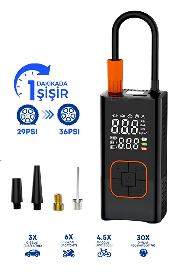 Taşınabilir Lastik Şişirme 150 Psi Pompa Çift Ekran Dijital Hava Pompası Hava Kompresör Powerbank 0 - 150 Psı 0 - 10 Bar