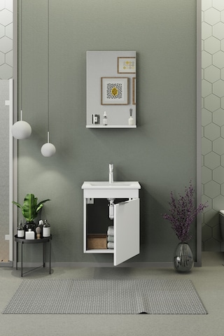 Biani Fix Arya Slım 50 Cm Banyo Dolabı,Seramik Lavabolu, Aynalı,Lavabo Dahil,Mdf,Mat Beyaz