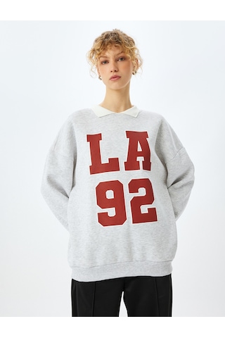 Koton Oversize Kolej Baskılı Polo Yaka Sweatshirt Kar Melanj 5sal10518ık Gri Melanj