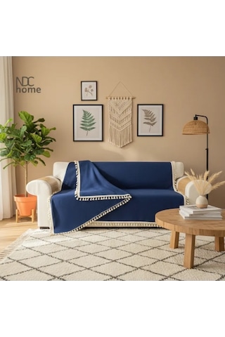 Premium Keten Lacivert Ponponlu Koltuk Örtüsü 170 X 220