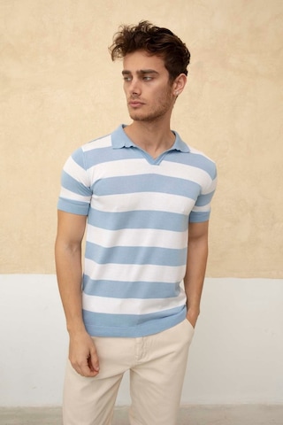 Tarz Cool Renk Bloklu Polo Yaka Triko T-shirt Mavi