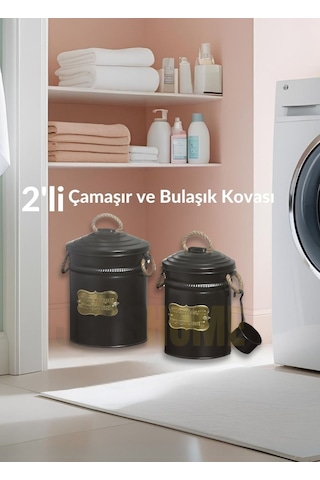 2'li Set Deterjan Kovası Çamaşır Bulaşık Kutusu Ölçekli Galvaniz Metal Siyah Siyah