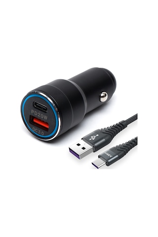 Usb Type C Araç Şarj Cihazı Siyah Renk- 2 Port, Hızlı Şarj 30w Çakmaklık Adaptörü