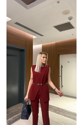 Modadua Bordo Kemerli Yelek & Pantolon Takım Ofis Ve Davet Şıklığı