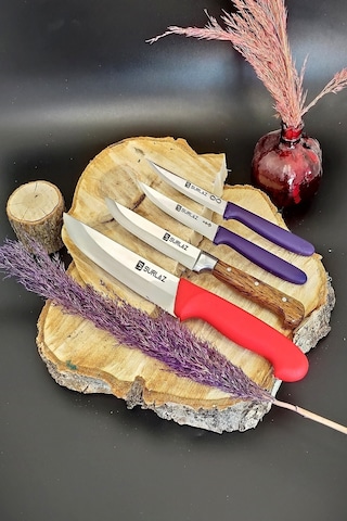 Sürmene Sürlaz Kasap Bıçak + Et Ekmek Sebze Meyve Bıçak Seti Kahverengi - Kırmızı - Mor