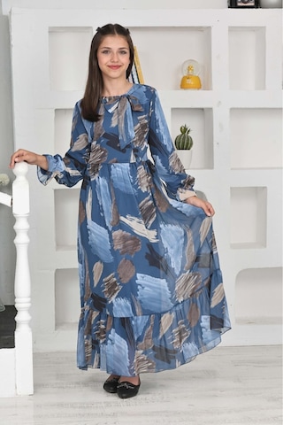 Genç Kız Pamuk Astarlı Şifon Kumaş Uzun Tam Boy Tesettür Elbise Mavi