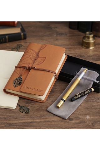 Vintage Tasarım Deri Defter Ve Özel İsim Yazılı Metal Kalem Seti