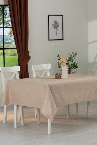 Tropik Home Jumbo Jakar Pano Desen Leke Tutmaz Jakarlı 150x220 Cm Lüks 8 Kişilik Masa Örtüsü Bej Genel