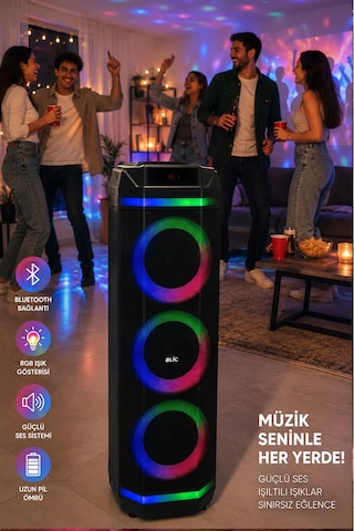 Exenar - Siyah - Blic Bls58 Büyük Boy Bluetooth Hoparlör 40w 3x8" Rgb Led Kablosuz Mikrofonlu Karaoke Hoparlörü