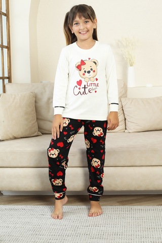 Kız Çocuk Ayıcık Baskılı %100 Pamuk İnterlok Kumaş Pijama Takımı 12347 Ekru