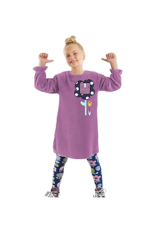 Denokids Çiçekli Kız Çocuk Lila Kadife Elbise Renkli