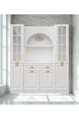 Lureo Nera Arch Maxi Kahve Köşesi Led Aydınlatmalı, Cam Vitrinli, Komple Mdf Premium Kahve Ünitesi Beyaz