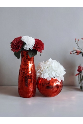 Işıltı Home Desing Aynalı Cam Vazo 2 Li Set Kırmızı Kırmızı