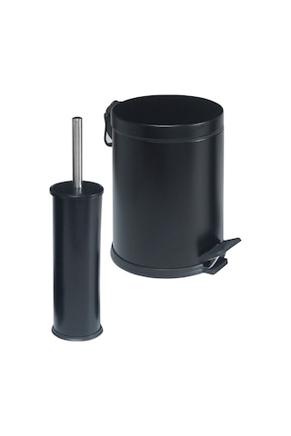 Siyah Renkli Paslanmaz Pedallı 3 Lt Çöp Kovası - Klozet Fırçası 2'li Banyo Seti Siyah