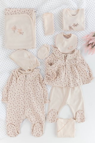 Çiçek Desenli 10'lu Kız Bebek Hastane Çıkışı Bebek Takımı Bej