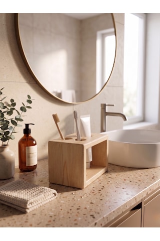 Nestwoodtr Ham Doğal Ahşap Minimal Banyo Düzenleyici, Diş Fırçalık - Macunluk, Diş Fırçası Standı Ham Ahşap