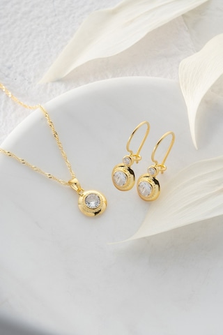 Nereze 925 Ayar Gümüş Burgu Zincirli Gold Tektaş Model Küpe ve Kolye Set