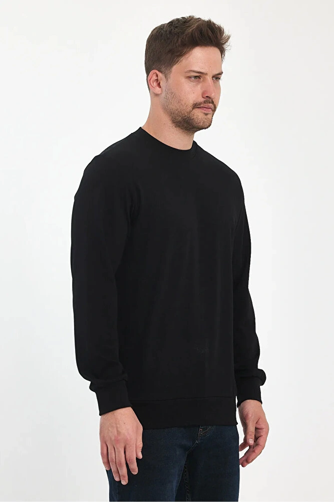 Erkek Bisiklet Yaka Baskısız Rahat Kalıp Mevsimlik Sweatshirt Siyah